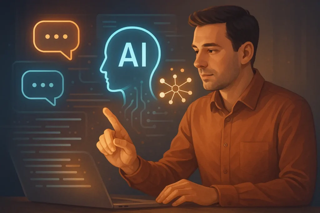 Human interacting with a futuristic AI interface, representing ChatGPT and AI tools assisting in daily tasks