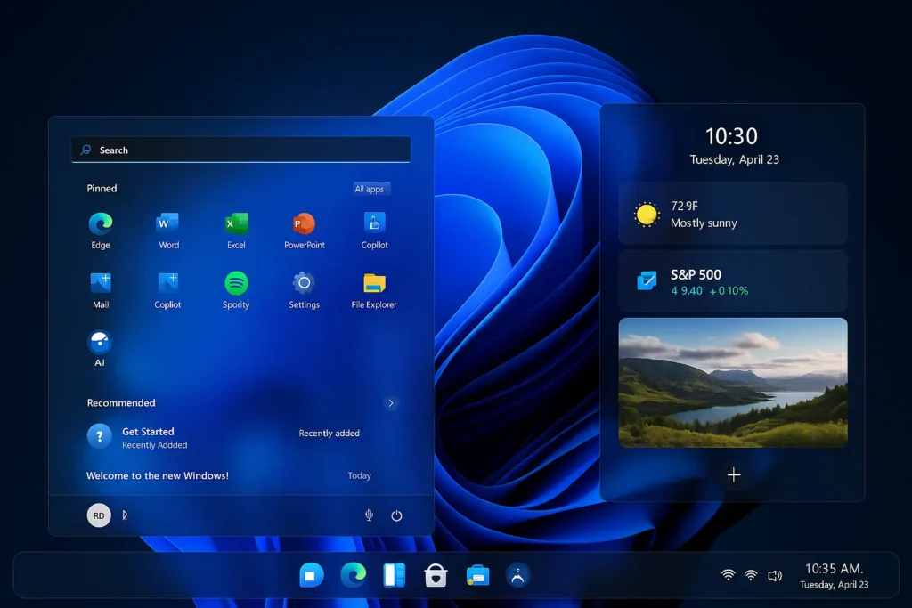 Windows 11 25H2 update interface showing redesigned Start Menu, AI features, and lock screen widgets.